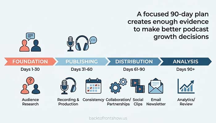 Ninety-day podcast growth roadmap covering foundation, content, promotion, and analysis