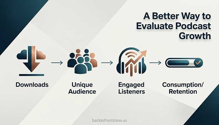 Podcast analytics metrics including downloads, audience, engagement, and retention