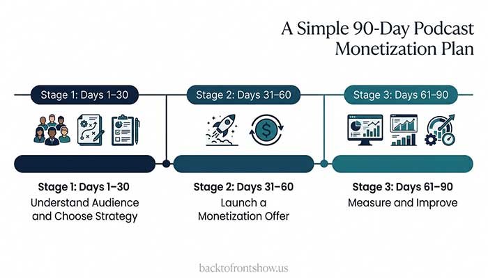 Three-stage 90-day podcast monetization roadmap covering audience research, launching an offer, and measuring results