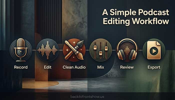 Podcast editing workflow from recording and cleanup to mixing, review, and export