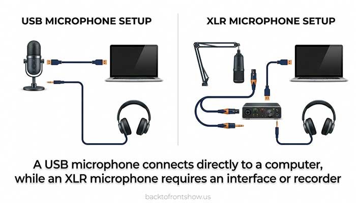 USB and XLR podcast microphone connection options for home recording