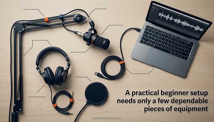 Essential beginner podcast equipment including a microphone, headphones, stand, and laptop