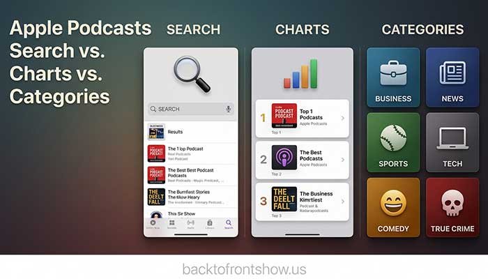 Comparison of podcast search, top charts, and podcast categories