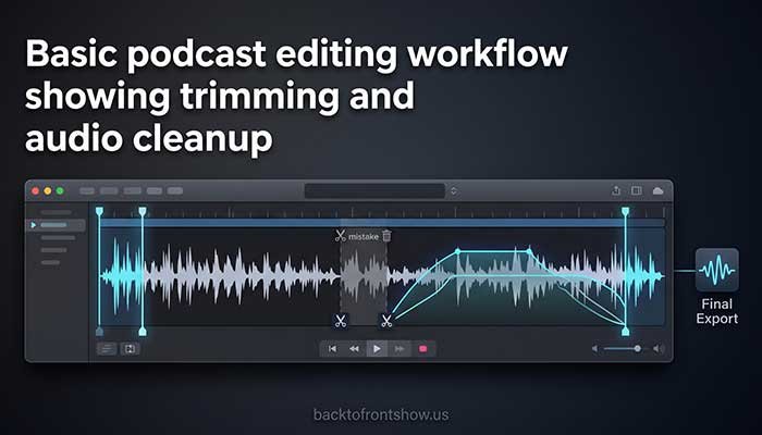 Basic podcast editing workflow showing trimming and audio cleanup