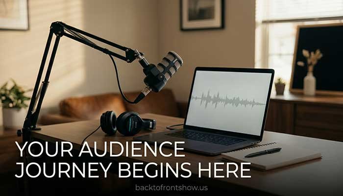 Beginner podcast recording setup with microphone, laptop, and headphones