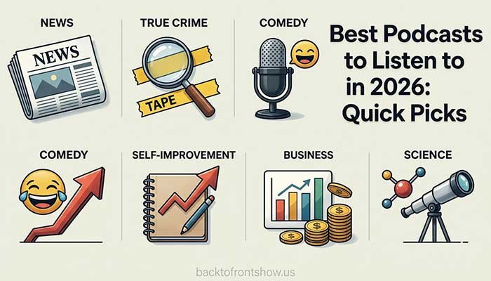 Podcast categories including news, true crime, comedy, self-improvement, business and science