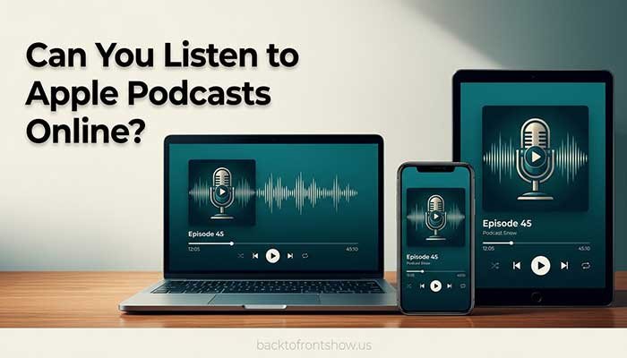 Podcast playing across a laptop, smartphone, and tablet