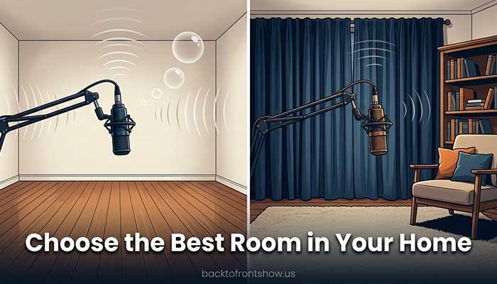 Comparison between an echoey empty room and a furnished room suitable for podcast recording