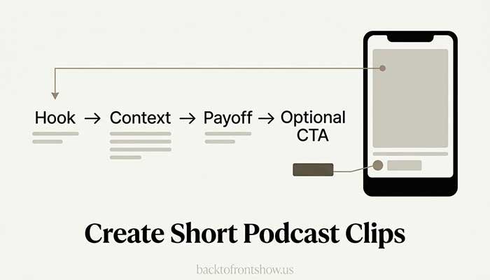 Podcast clip structure showing hook, context, payoff, and call to action