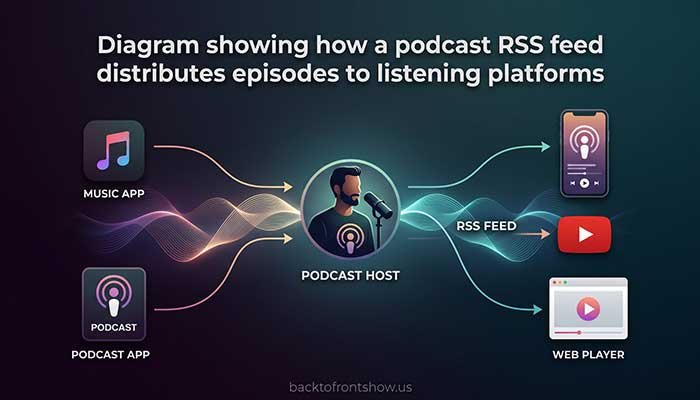 Diagram showing how a podcast RSS feed distributes episodes to listening platforms