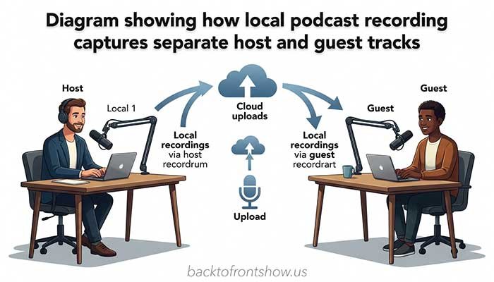 Diagram showing how local podcast recording captures separate host and guest tracks