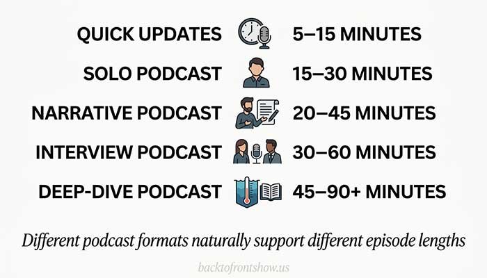 Podcast episode length ranges for solo, interview, narrative, update, and deep-dive formats