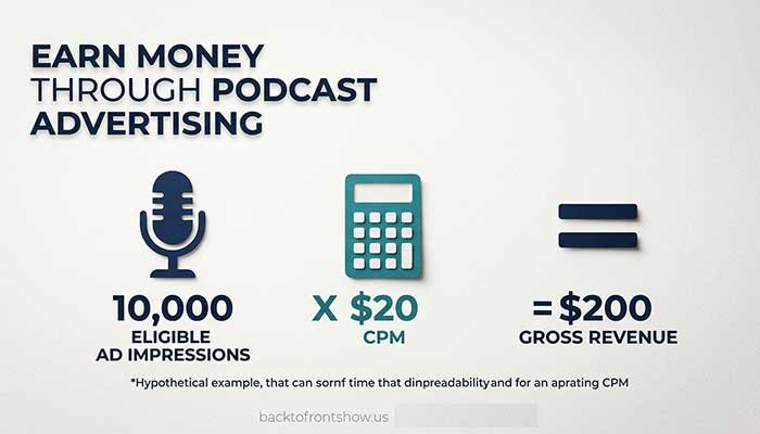 Hypothetical podcast CPM calculation showing $200 in gross revenue from 10,000 ad impressions at a $20 CPM