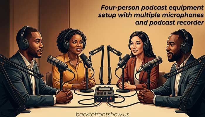 Four-person podcast equipment setup with multiple microphones and podcast recorder