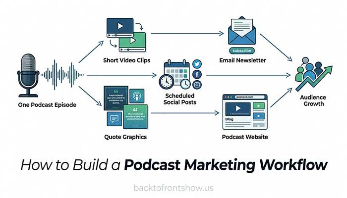 Podcast marketing workflow from episode creation to audience promotion