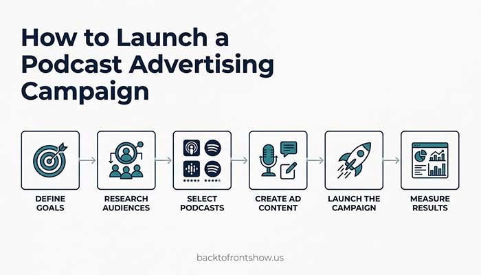 Six-step podcast advertising process from campaign planning and podcast selection to launching and measuring results