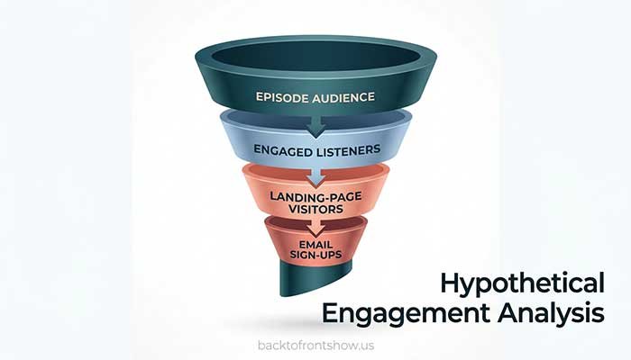 Hypothetical podcast engagement funnel from listeners to email sign-ups