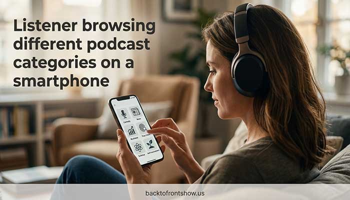 Listener browsing different podcast categories on a smartphone