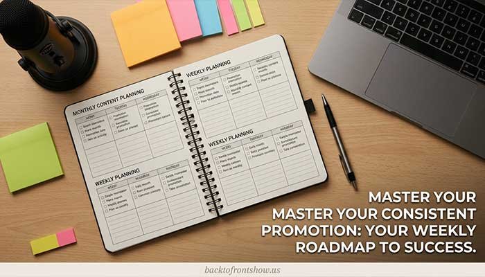 Monthly podcast content and promotion planner organized into weekly tasks
