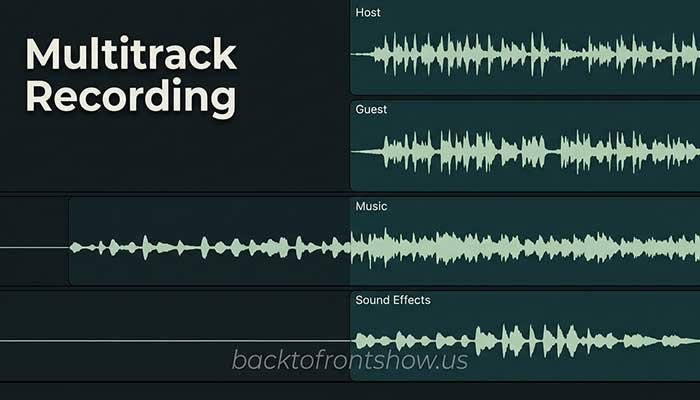 Separate multitrack podcast recording with host, guest, music, and sound effect tracks