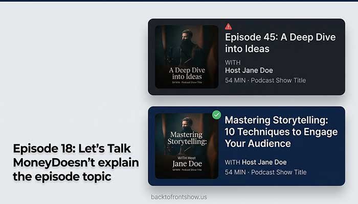 Comparison between a vague podcast episode title and an optimized descriptive title