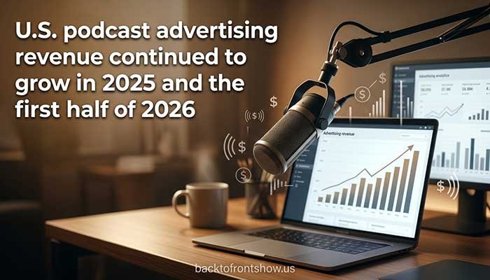 Podcast advertising statistics and revenue growth illustration