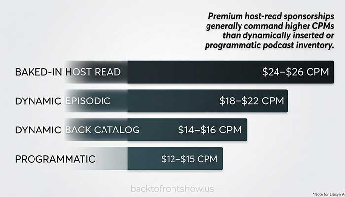 Premium host-read sponsorships generally command higher CPMs than dynamically inserted or programmatic podcast inventory