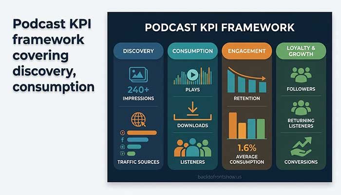Podcast KPI framework covering discovery, consumption