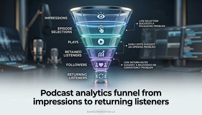 Podcast analytics funnel from impressions to returning listeners