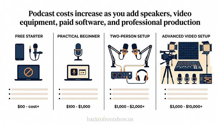 Comparison of four podcast setup levels from free recording to advanced video production