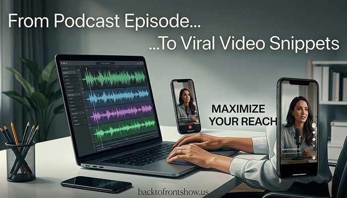 Podcast creator editing short promotional videos from a full-length episode