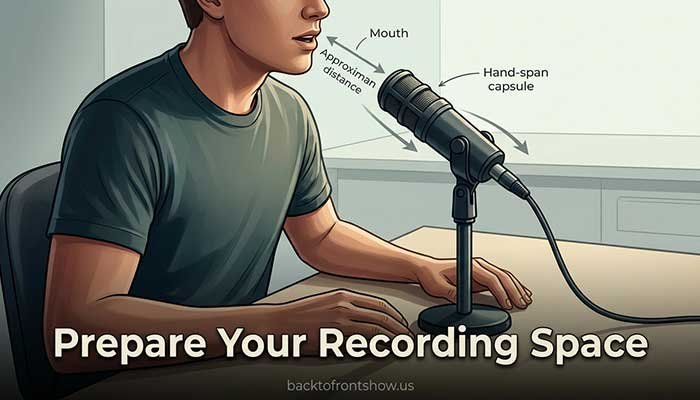 Correct podcast microphone positioning with the speaker close to and slightly off-axis from the microphone