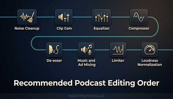 Podcast audio processing chain from noise cleanup through loudness normalization