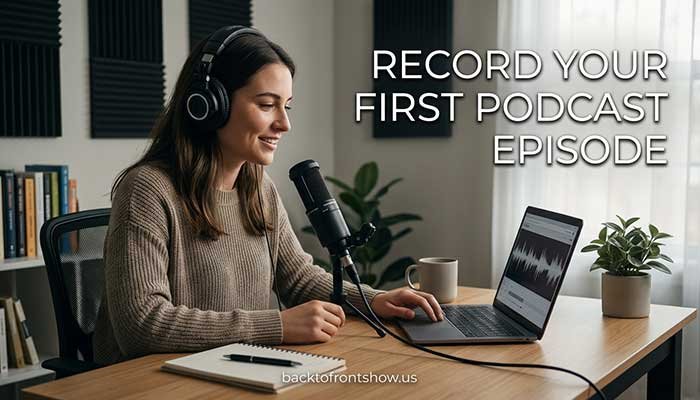 Beginner recording a podcast with a USB microphone and laptop