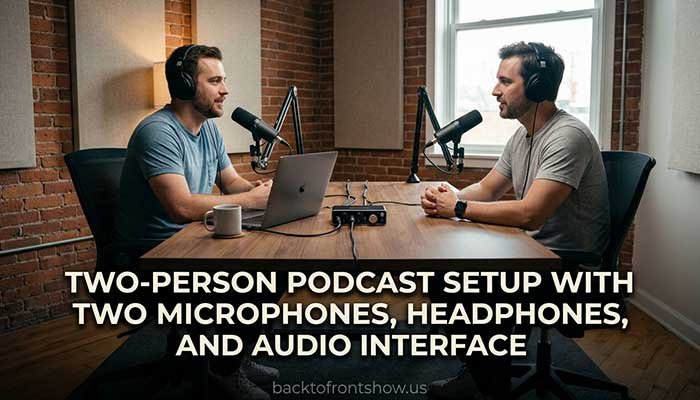 Two-person podcast setup with two microphones, headphones, and audio interface