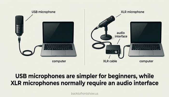 USB microphones are simpler for beginners, while XLR microphones normally require an audio interface