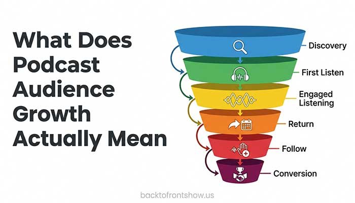 Podcast audience growth funnel from discovery to conversion