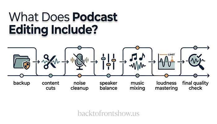 Seven-stage podcast editing workflow from backup to final quality control