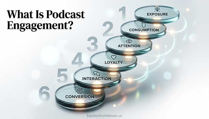 Podcast engagement ladder from exposure to conversion