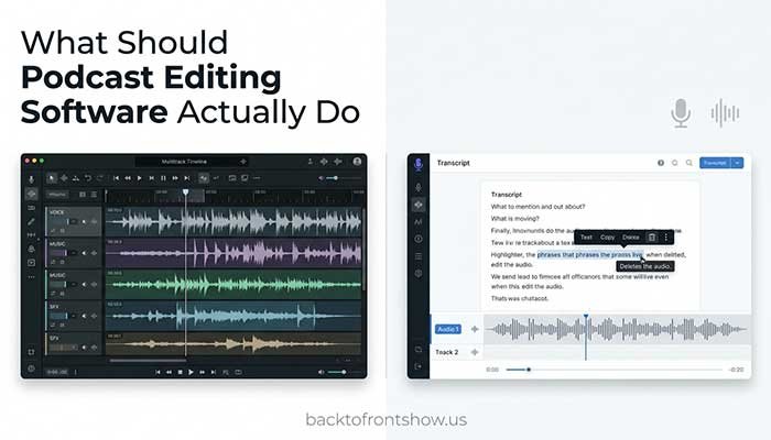 Traditional waveform podcast editing compared with transcript-based audio editing