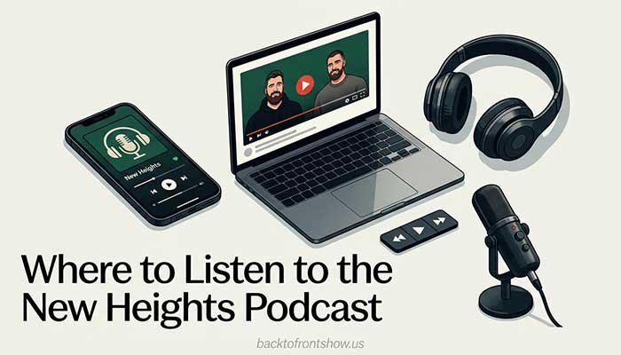 Phone and laptop showing audio and video podcast listening options