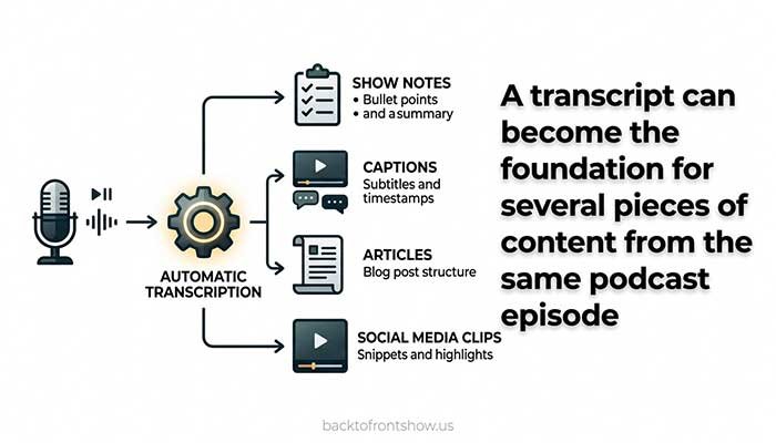 Podcast workflow from recording to transcript, show notes, captions, articles, and social clips